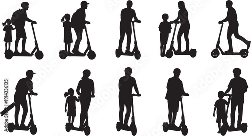 Diverse group of people riding electric scooters in various poses and positions