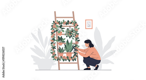 Woman Watering Plants on Ladder Shelf, Home Gardening, Greenery and Flowers