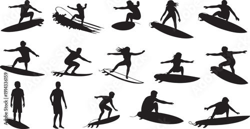 A collection of silhouettes depicting various surfing positions and techniques