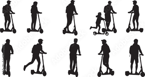 Diverse individuals riding electric scooters in various dynamic poses and styles.