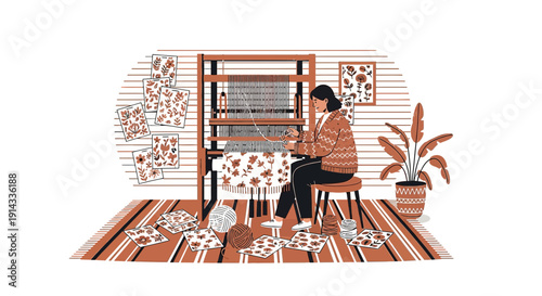 Woman Weaving Floral Tapestry on Wooden Loom, Cozy Craft Room Decor