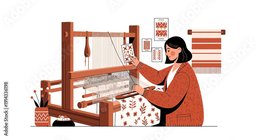 Woman Weaving Fabric on Loom, Textile Art, Handmade Craft, Traditional Craftsmanship