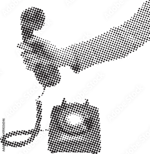 A classic rotary dial telephone and receiver presented in a halftone black and white illustration