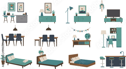 Modern home interior furniture flat vector set, living room, bedroom, kitchen, workspace items, minimalist decoration collection isolated on white background for stylish design concepts
