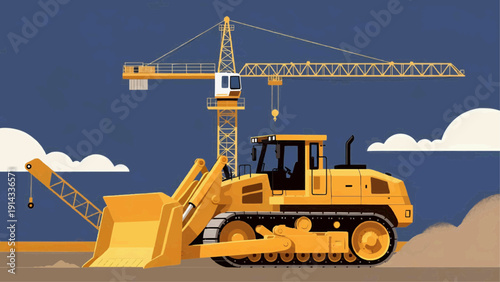 A yellow bulldozer pushes dirt beside a crane on a construction site outdoors.