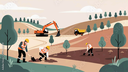 Workers construct road with heavy machinery in a landscape scene outdoors