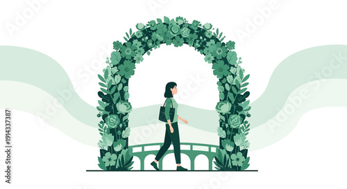 Woman walks through floral archway, garden bridge, green nature concept