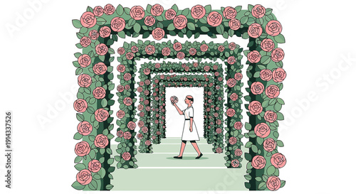 Woman Walking Through Rose Garden Archway Tunnel