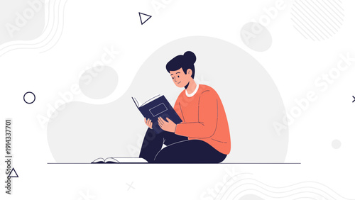 Woman reading a book, learning, education, knowledge, studying, quiet time, illustration