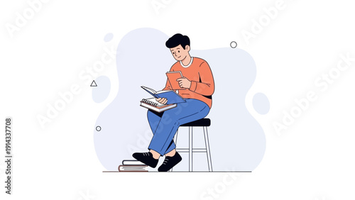 Young man reading a book while sitting on a stool, minimalist illustration