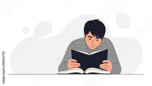Young Man Reading Book, Focused Student Studying, Knowledge Acquisition, Learning