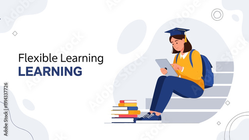 Student Learning Online Digital Tablet Sitting on Stairs with Books