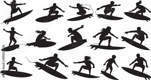 A collection of silhouettes showcasing various surfing poses and techniques