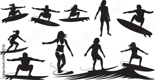 Silhouettes of surfers riding waves in various dynamic poses on the ocean
