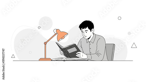 Young Man Reading Book Under Desk Lamp, Studying, Learning, Knowledge