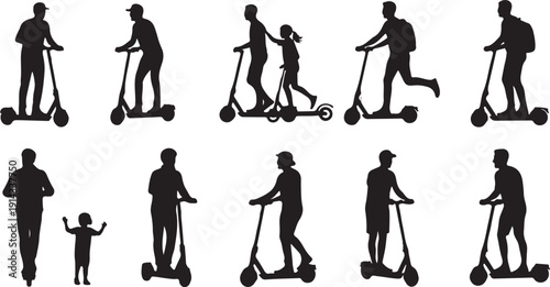 Diverse group of people enjoying electric scooter rides in various poses