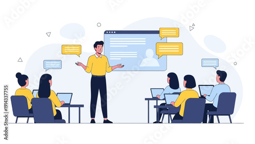 Business presentation with people learning at laptops