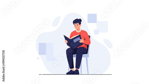 Young man reading a book sitting on a chair, knowledge, education, lifestyle
