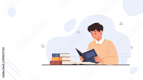 Young Man Reading Book at Desk with Stack of Books, Education Concept