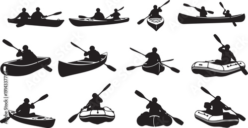 Diverse group of people engaging in various kayaking activities and adventures
