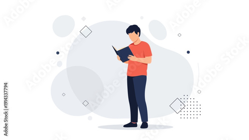 Young Man Reading Book, Education, Knowledge, Learning, Studying, Flat Design