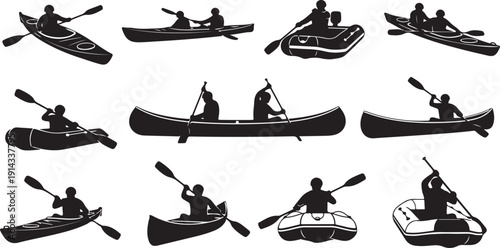 Silhouettes of people enjoying various kayaking activities on water.