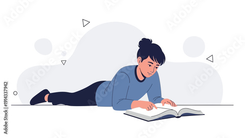 Young person reading a book lying down, educational concept illustration