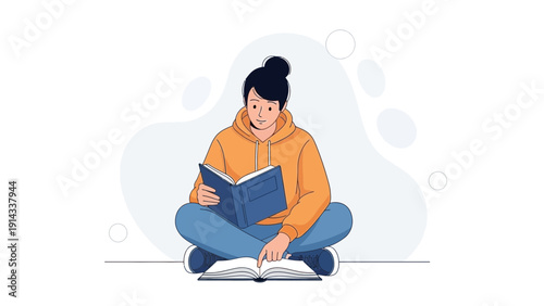 Young Woman Reading Book Cross-Legged