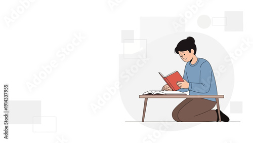 Young woman reading book, studying, learning, knowledge, relaxation, minimalist illustration
