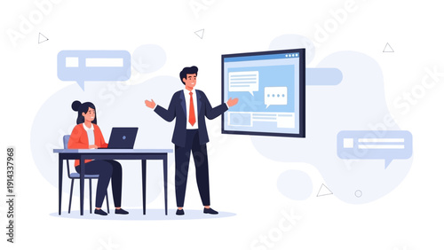Business meeting: man presenting, woman working on laptop, communication concept