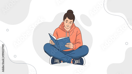 Young Woman Reading Book Sitting Cross-legged Casual Outfit