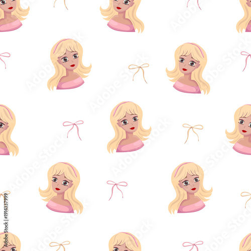 Seamless pattern with blonde girl and pink bows