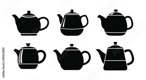 A collection of teapot shapes displayed in black silhouette