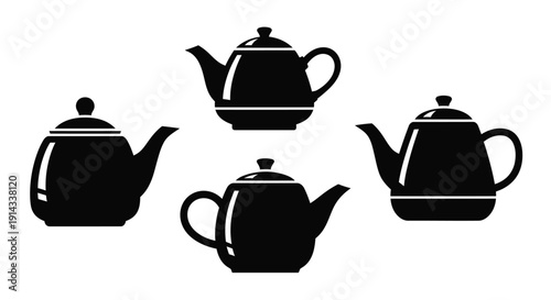 Four black teapots arranged in a pattern stark silhouette