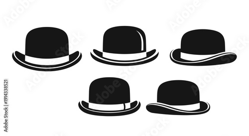 Four black bowler hats displayed in a simple graphic silhouette