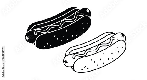 Two hotdogs depicted in a striking black and white silhouette