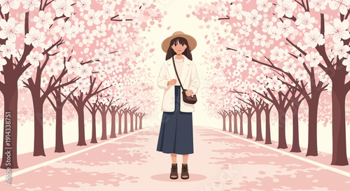 Woman Walking Through Cherry Blossom Avenue in Spring