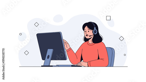 Customer Service Agent with Headset Working on Computer, Flat Illustration