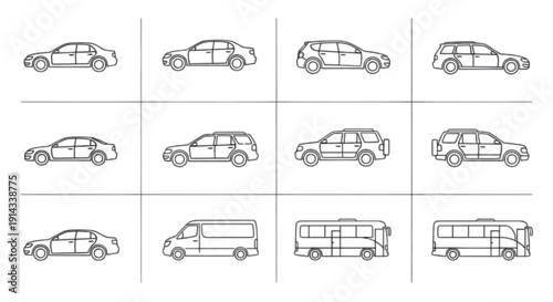 Fototapeta Architectural Vehicle CAD Layouts | Car, Bus, and Minibus Top and Side View Outline Symbols for Design and Drafting