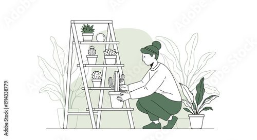 Woman tending to potted plants on a shelf, illustration, green theme