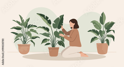 Woman Tending to Potted Plants Indoors, Cozy Home Gardening