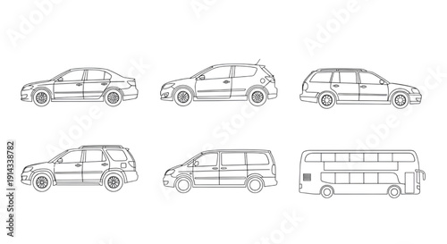 Architectural Vehicle CAD Layouts | Car, Bus, and Minibus Top and Side View Outline Symbols for Design and Drafting