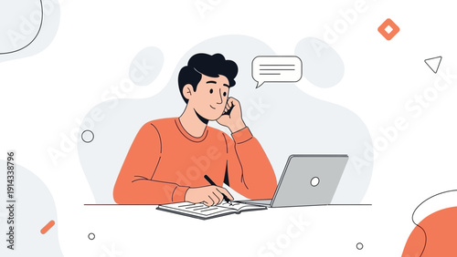 Man on Phone Writing Notes Next to Laptop, Online Communication Concept