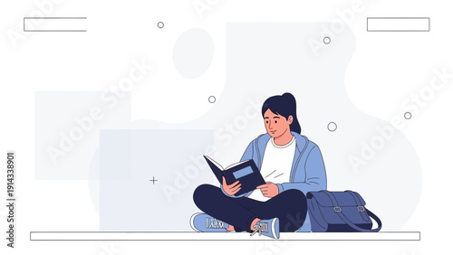 Young Woman Reading Book Outdoors, Backpack Nearby, Studying or Relaxing