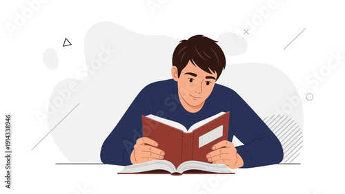 Young man reading a book, focused on learning and knowledge