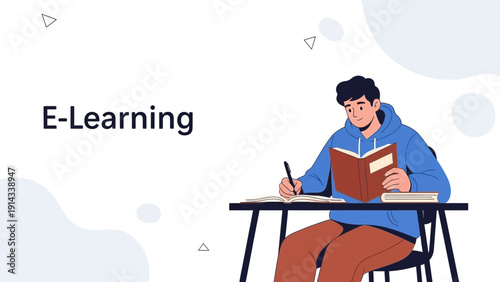 Student learning online, studying at desk with book and laptop, e-learning concept