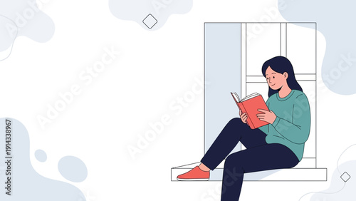 Young Woman Reading Book by Window, Cozy Indoor Scene, Relaxed Lifestyle
