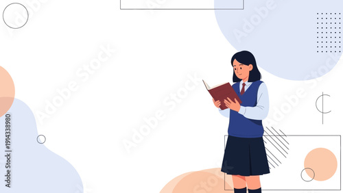 Young student reading a book, education concept, minimalist background, school uniform