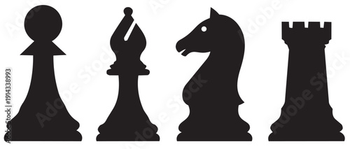 Set of Chess Piece Silhouettes: Pawn, Bishop, Knight, and Rook Icons for Strategy and Game Design
