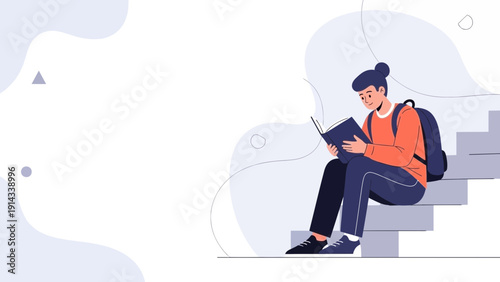 Young Student Reading a Book on Stairs with Backpack, Back to School Concept